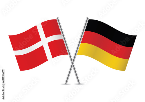 Denmark and Germany flags. Danish and German flags isolated on white background. Vector illustration.