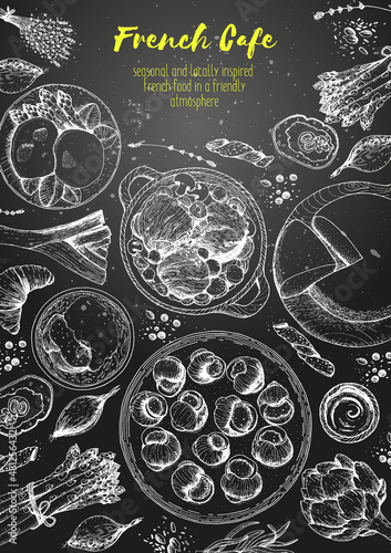 French cuisine top view frame. A set of classic French dishes with bakery, beef bourguignon, escargot, poached eggs, onion soup. Food menu design template. Hand drawn sketch vector illustration.