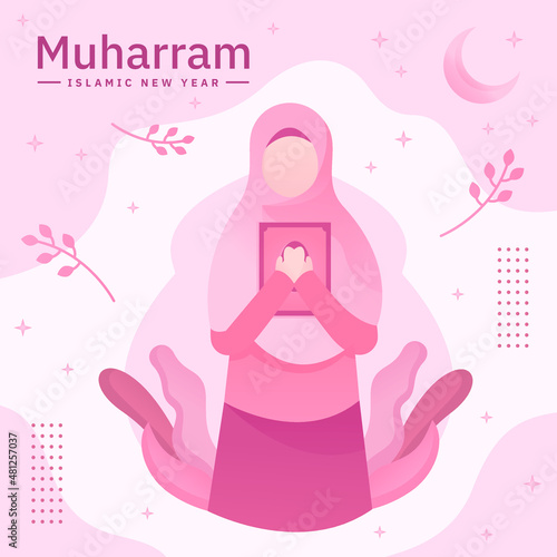 Person greeting happy 1 muharram islamic new year illustration happy new hijri year Premium Vector