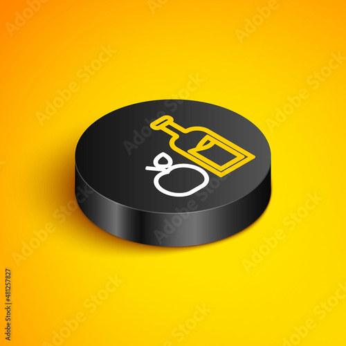 Isometric line Apple cider bottle icon isolated on yellow background. Beverage glass bottle. Black circle button. Vector