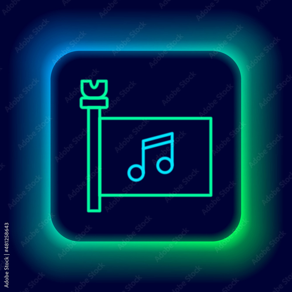 Glowing neon line Music festival, access, flag, music note icon isolated on black background. Colorful outline concept. Vector Glowing neon line Music festival, access, flag, music note icon isolated on black background. Colorful outline concept. Vector