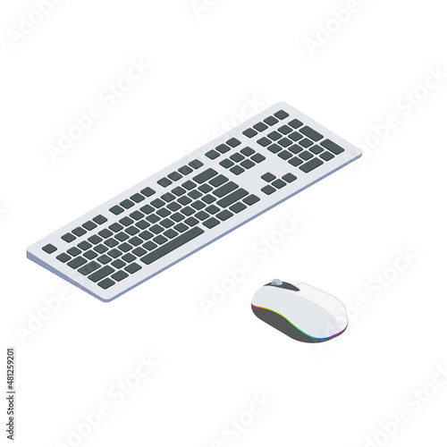 Modern computer keyboard and mouse isometric vector illustration.