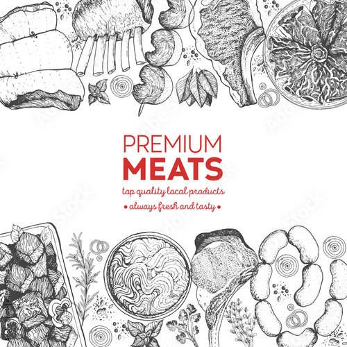 Meat and sausages top view. Engraved style background. Hand drawn vector illustration. Meat products design template
