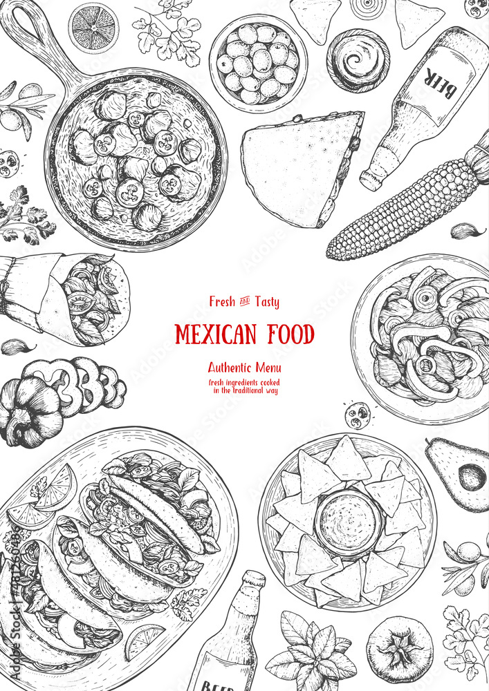 Mexican food top view frame. A set of mexican dishes with quesadillas ...