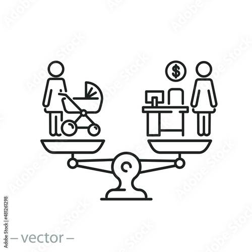 balance between work and child, icon choose or compare, woman  life, comparison mother with business career, thin line symbol on white background - editable stroke vector illustration