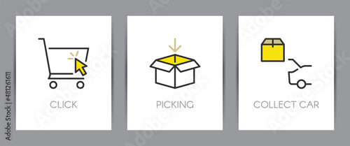 Buy online, order picking and collect with your car. Shopping online concept. Web page template. Metaphors with icons.