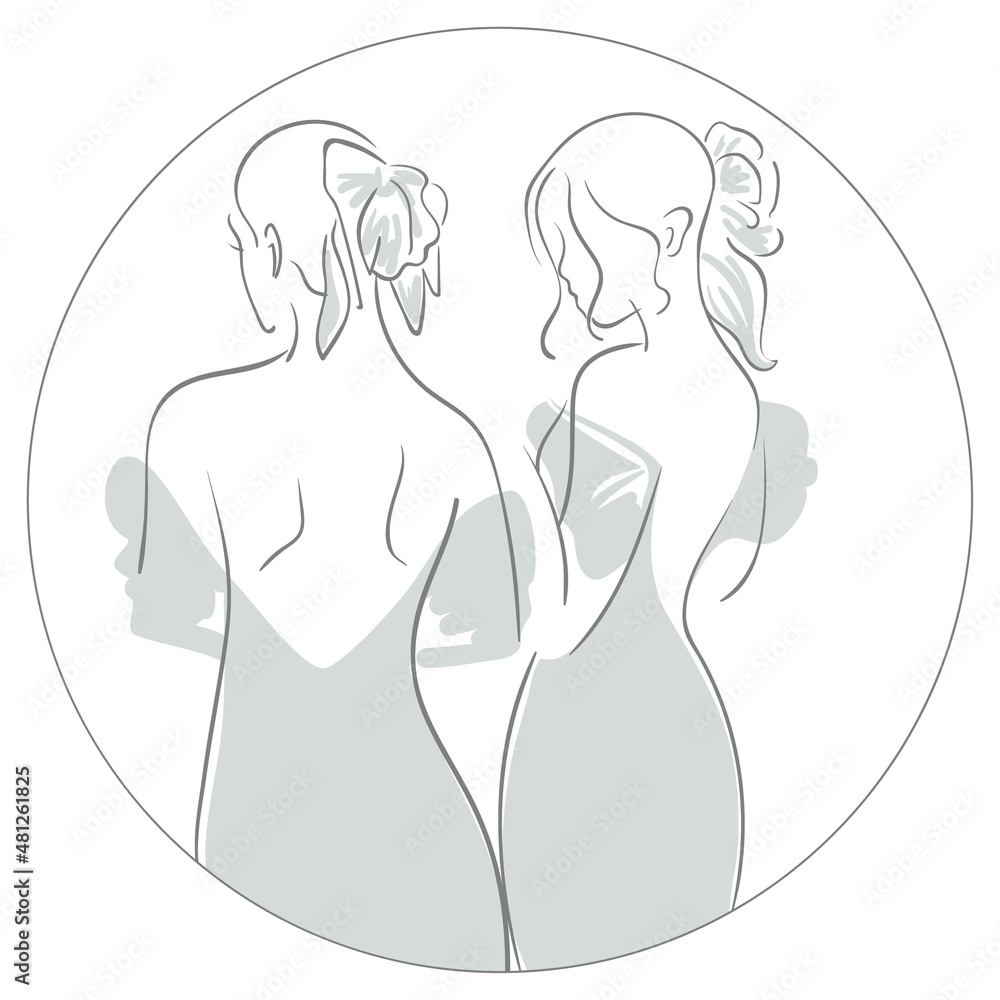 Continuous line drawing. Women standing back illustration Continuous line drawing. Women standing back illustration