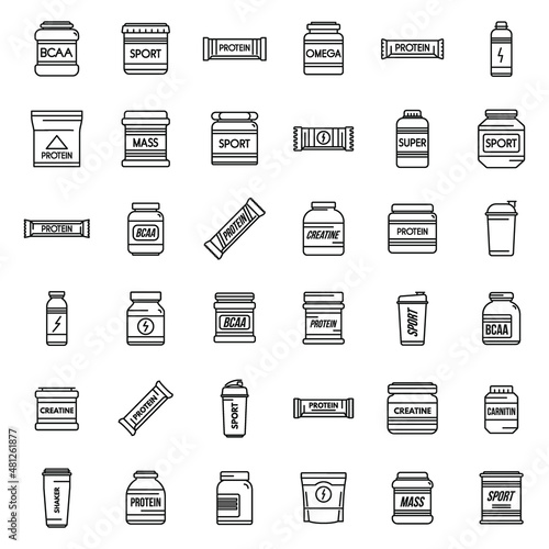 Sports nutrition icons set outline vector. Food energy