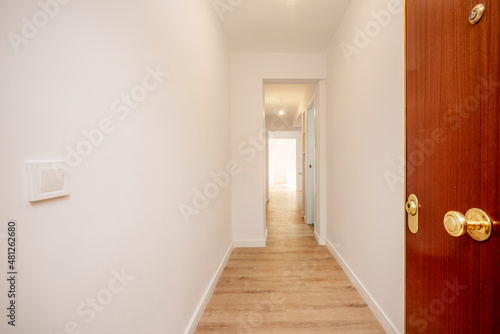 Mahogany-colored front door to enter a home with light oak floorboards