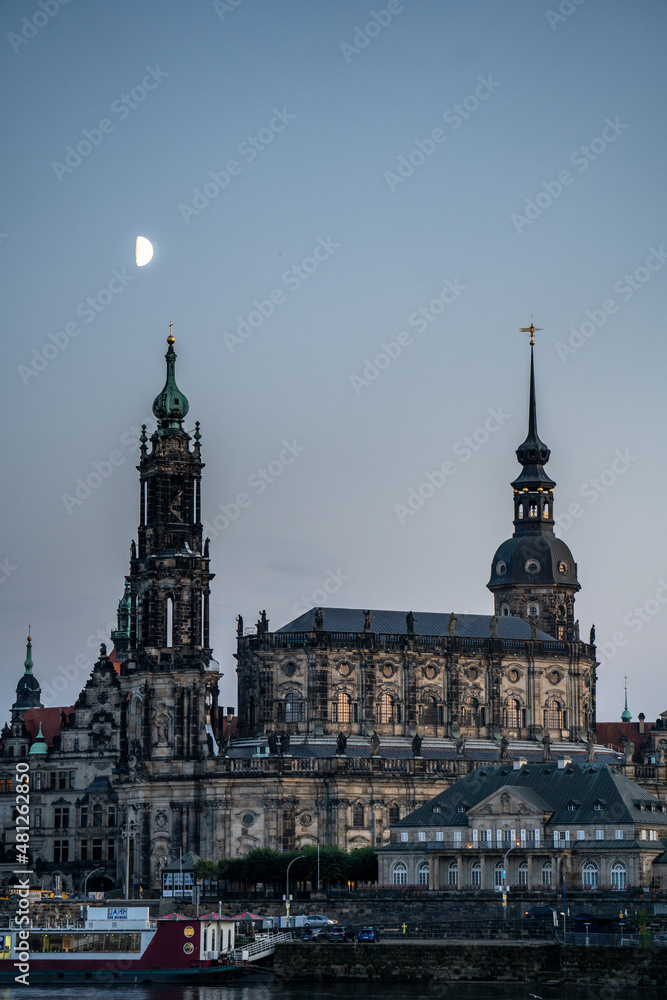 Dresden city skyline at Elbe River at sunset, Dresden, Saxony, Germany