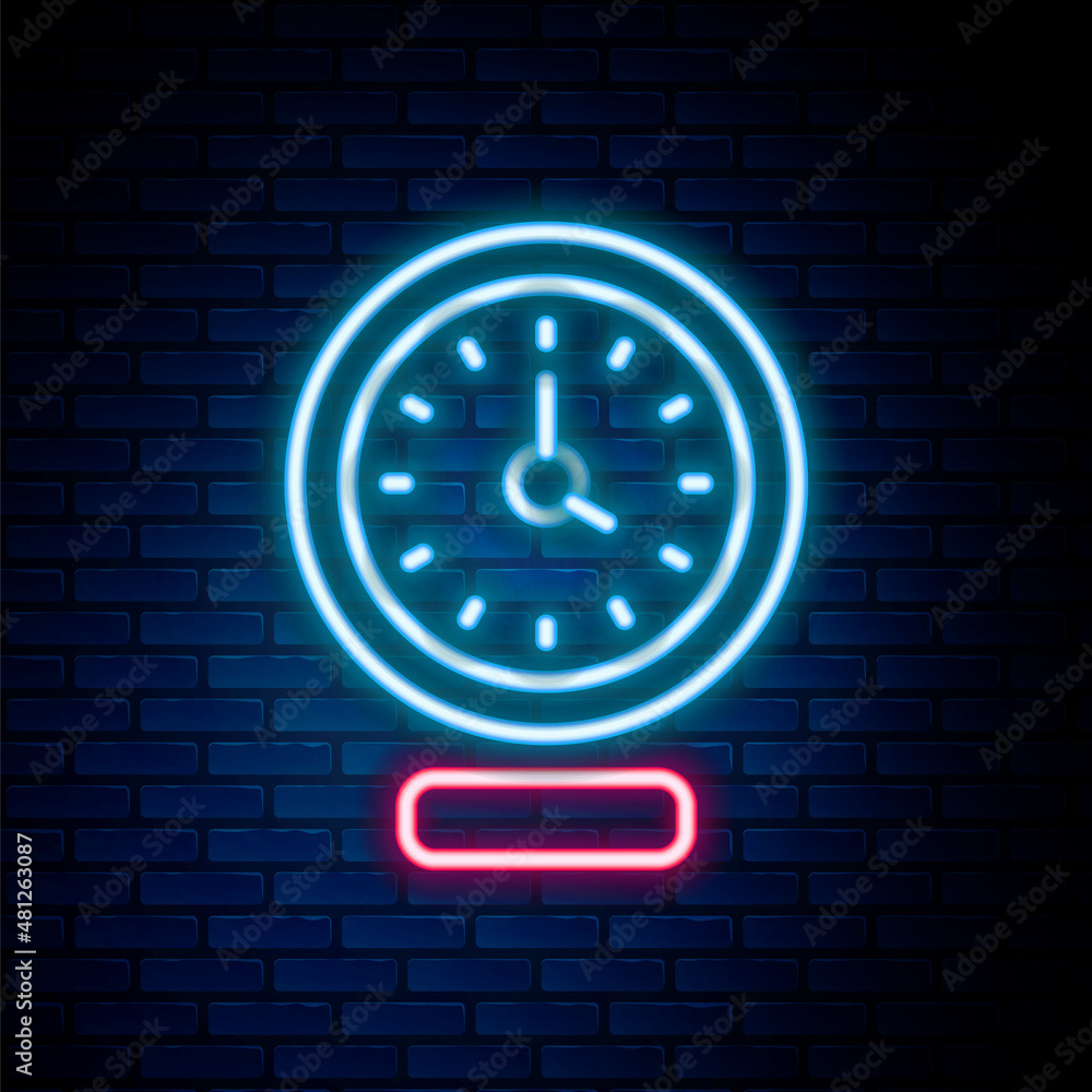 Glowing neon line Clock icon isolated on brick wall background. Time symbol. Colorful outline concept. Vector Glowing neon line Clock icon isolated on brick wall background. Time symbol. Colorful outline concept. Vector