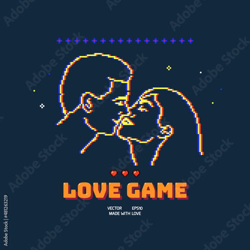 Couple in love game. Romantic lovers portrait. 8 bit pixel art style