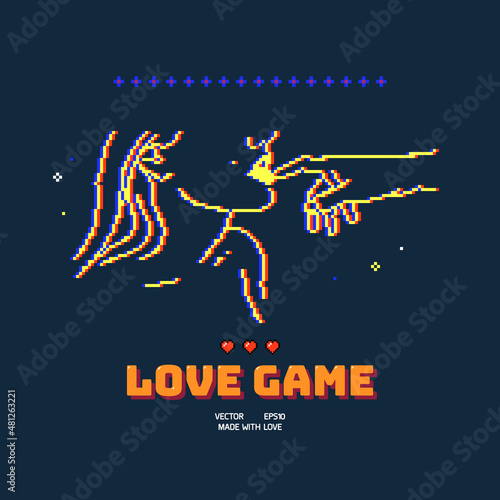 Couple of lovers. Love game. Intimate hand touch. 8 bit pixel art