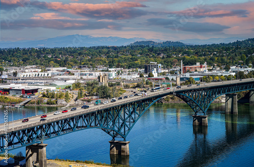 AN AERIAL VIEW OF THE ROSS iSLAND BRIDGE OVER THE WILLAMETTE RIVER IN DOWNTOWN PORTLAND OREGON