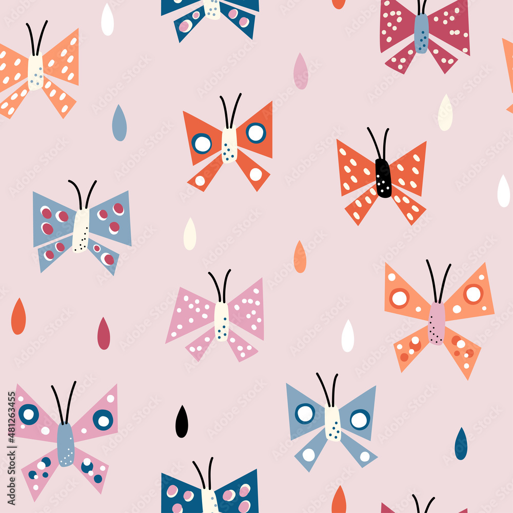 Seamless pattern with bright cartoon butterflies and moths on a pink background Seamless pattern with bright cartoon butterflies and moths on a pink background