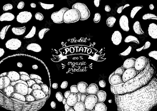 Potato chips vector illustration. Basket and bag of potatoes. Hand drawn. Engraved style illustration. Packaging design.