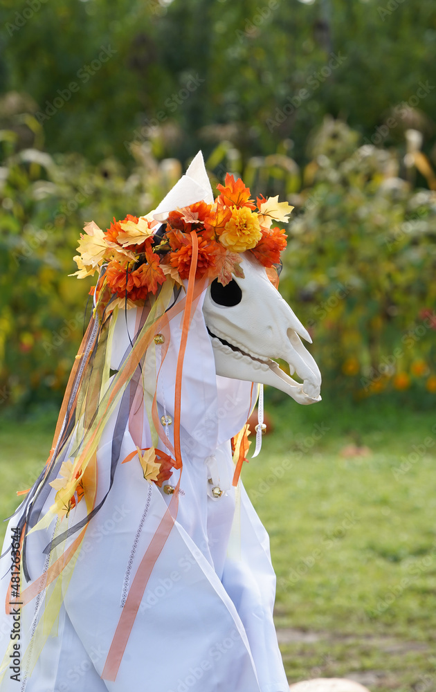A young girl dressed in a Mari Lwyd Halloween costume A young girl dressed in a Mari Lwyd Halloween costume