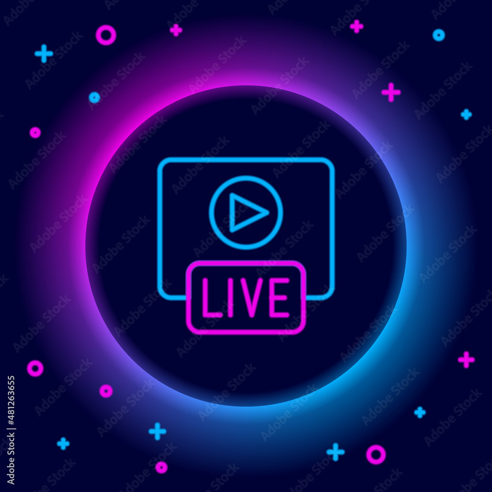 Glowing neon line Live streaming online videogame play icon isolated on black background. Colorful outline concept. Vector Glowing neon line Live streaming online videogame play icon isolated on black background. Colorful outline concept. Vector