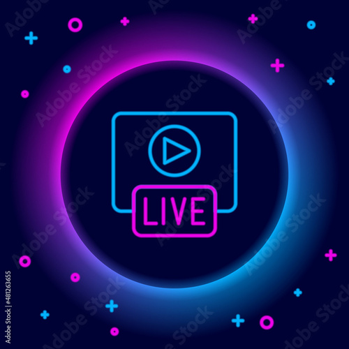 Glowing neon line Live streaming online videogame play icon isolated on black background. Colorful outline concept. Vector
