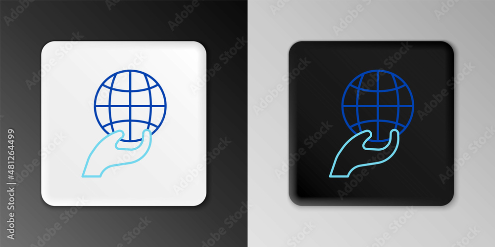 Line Human hand holding Earth globe icon isolated on grey background. Save earth concept. Colorful outline concept. Vector Line Human hand holding Earth globe icon isolated on grey background. Save earth concept. Colorful outline concept. Vector