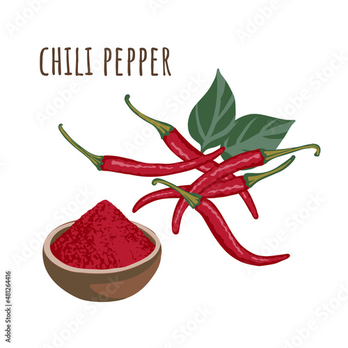 Chili pepper seasoning and powder in spice bowl. Flat style.