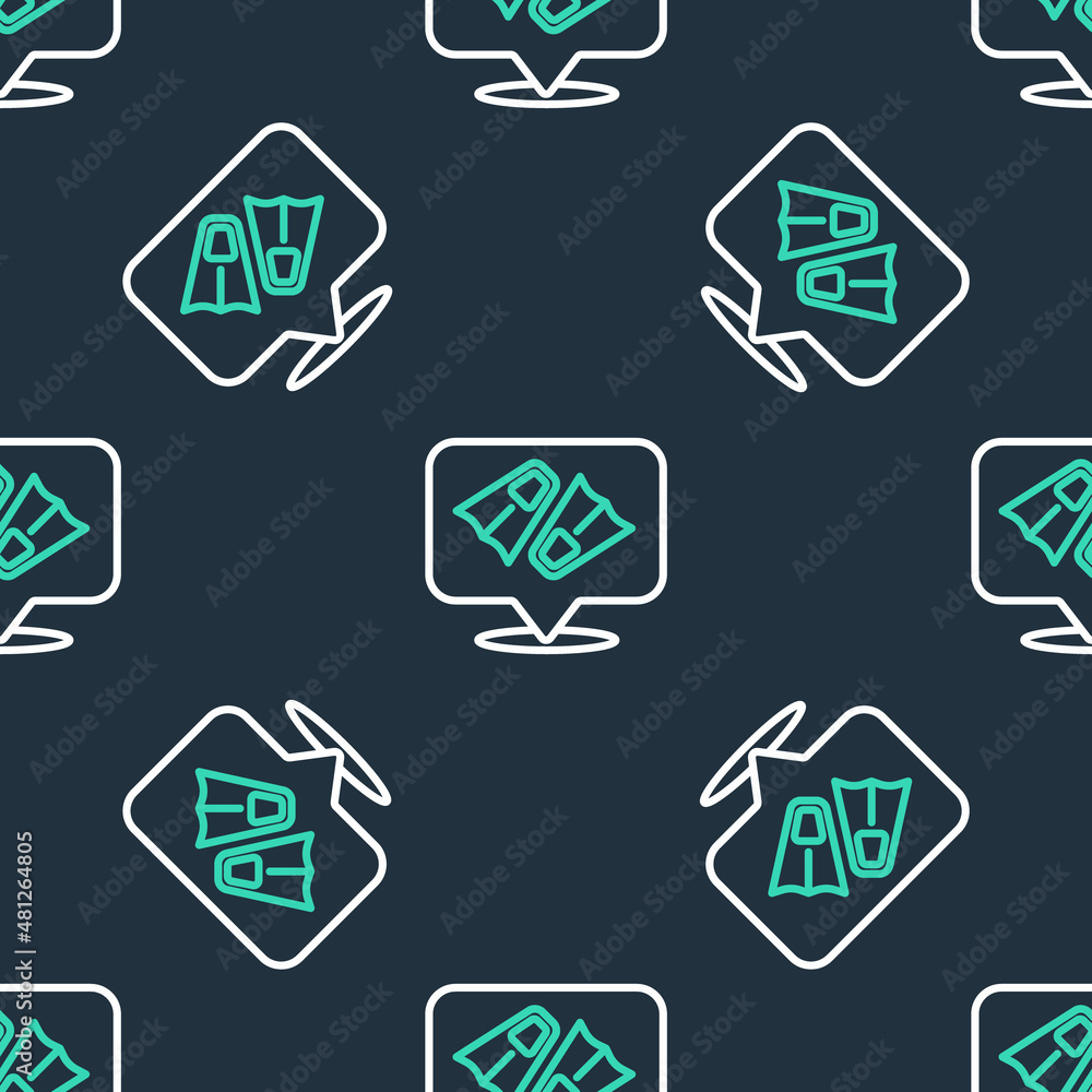 Line Rubber flippers for swimming icon isolated seamless pattern on black background. Diving equipment. Extreme sport. Diving underwater equipment. Vector Line Rubber flippers for swimming icon isolated seamless pattern on black background. Diving equipment. Extreme sport. Diving underwater equipment. Vector