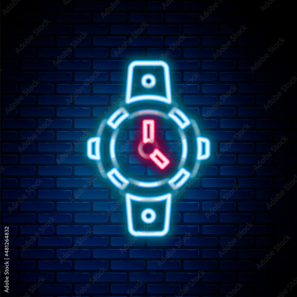 Glowing neon line Diving watch icon isolated on brick wall background. Diving underwater equipment. Colorful outline concept. Vector Glowing neon line Diving watch icon isolated on brick wall background. Diving underwater equipment. Colorful outline concept. Vector
