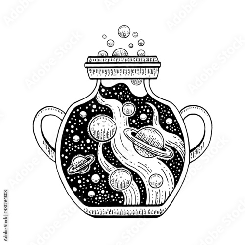 Tattoo vector universe glass jar. Vintage sketch tattoo with universe design elements - moon, planet, saturn in jar. Alchemy and tribal hand drawn illustration. Black white art with star space