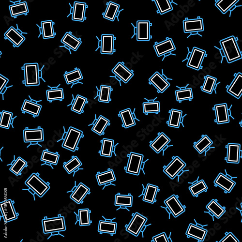 Line Football soccer match on TV icon isolated seamless pattern on black background. Football online concept. Vector
