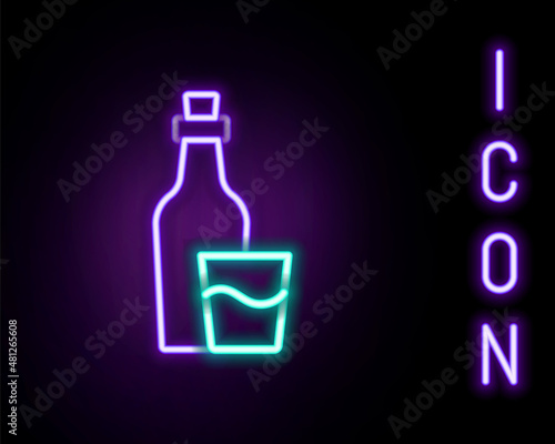 Glowing neon line Soju bottle icon isolated on black background. Korean rice vodka. Colorful outline concept. Vector