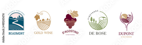 Wine, vineyard, organic natural winery logo collection. Vineyard field and grapes symbols and icons 