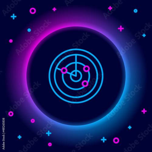 Glowing neon line Radar with targets on monitor in searching icon isolated on black background. Search system. Navy sonar. Colorful outline concept. Vector