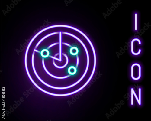 Glowing neon line Radar with targets on monitor in searching icon isolated on black background. Search system. Navy sonar. Colorful outline concept. Vector
