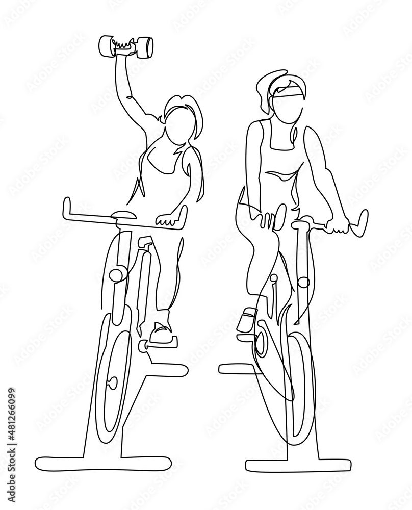 Two woman at cycling class exercise bike spinning fitness continuous line vector illustration. Simple ink sports female training on gym equipment with dumbbell workout cycle training isolated