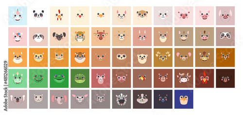 Square Animals Set Cute portraits cartoon avatar illustration flat vector cat, dog, lama, unicorn, tiger, bear, rabbit, donkey, frog, hen, sheep isolated on white for UI, app, mobile, kids poster