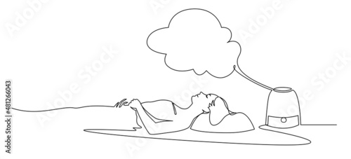 Woman sleeping near humidifier with steam jet continuous line vector illustration