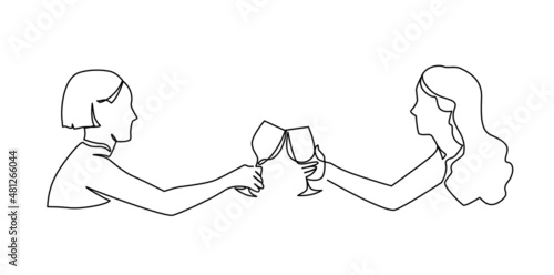 Two girlfriends spending time together at a party, toasting with a glass of wine continuous one line vector illustration. Lesbians Lovers have a date in a restaurant, drink wine.