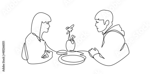 Happy couple at romantic date monochrome continuous line vector illustration. Simple hand drawn sketch man and woman sitting at table restaurant spending time together isolated. Honeymoon dating