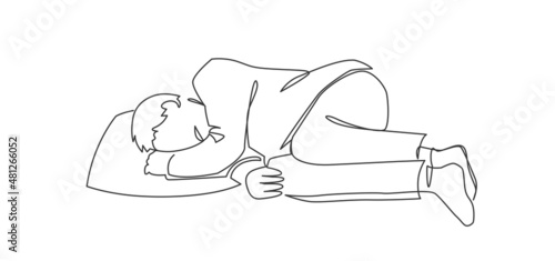 Tired man sleeping on pillow monochrome continuous line vector illustration simple hand drawn sketch