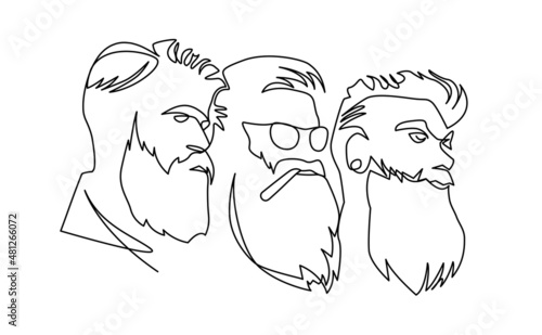 Three bearded man portrait continuous line vector illustration. Simple hand drawn elegant hipster guys profile with trendy hairstyle isolated. Men with mustache beard wearing sunglasses and earring