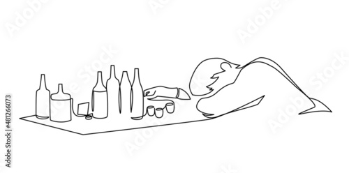 Drunk man sleeping on table full empty alcohol bottle at restaurant or home continuous line vector