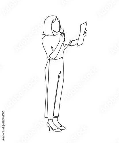 Female artist reading text paper sheet talking into microphone performance stage continuous line
