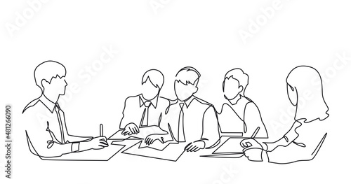 Group of people working continuous one line vector drawing. Students preparing to exams, doing homework hand drawn characters. Coworking. Job meeting, discussion.