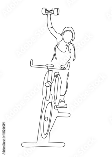 Woman at cycling class exercise bike spinning fitness continuous line vector illustration
