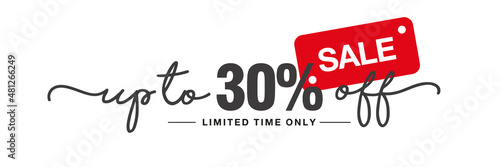 Sale up to 30 % off handwritten and display tipography lettering black red white background banner