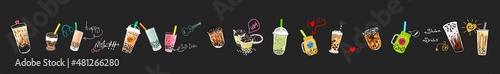 Bubble milk tea, Pearl milk tea , Different sorts of Boba. Yummy drinks. Ads with delicious tapioca.  Restaurant cafe menu, template design. Food flyer. Chalk board, retro menu restaurant poster. 