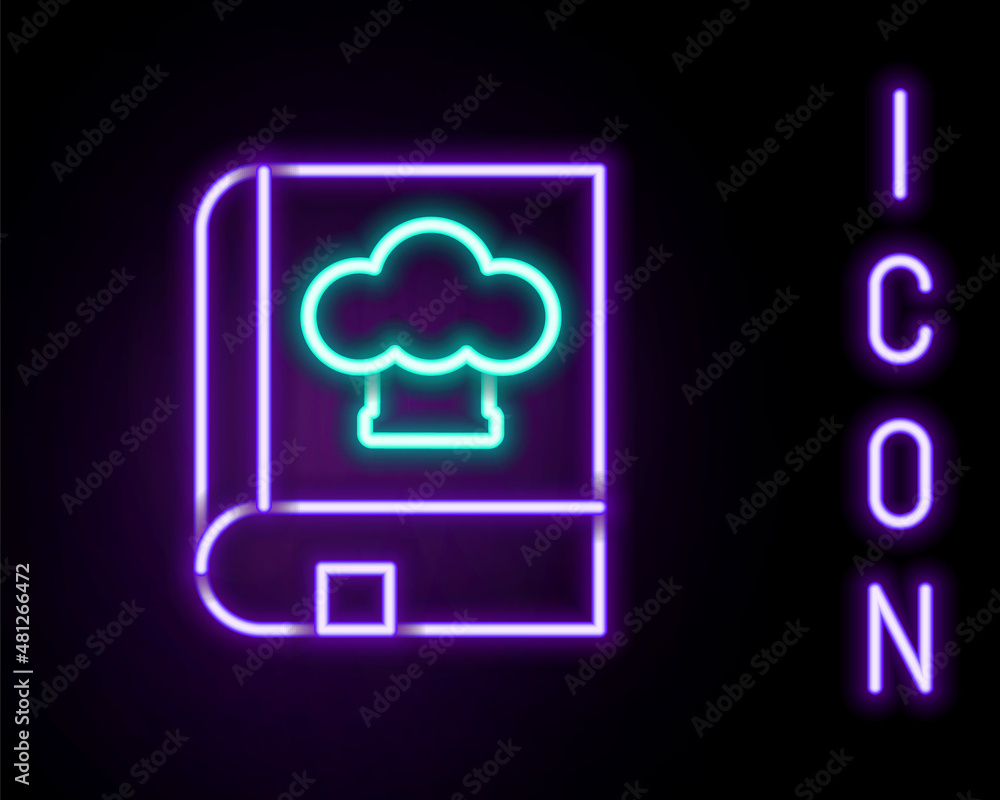 Glowing neon line Cookbook icon isolated on black background. Cooking book icon. Recipe book. Fork and knife icons. Cutlery symbol. Colorful outline concept. Vector Glowing neon line Cookbook icon isolated on black background. Cooking book icon. Recipe book. Fork and knife icons. Cutlery symbol. Colorful outline concept. Vector