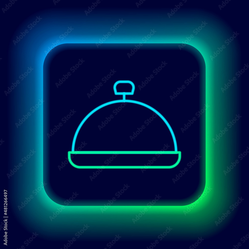 Obraz premium Glowing neon line Covered with a tray of food icon isolated on black background. Tray and lid sign. Restaurant cloche with lid. Colorful outline concept. Vector