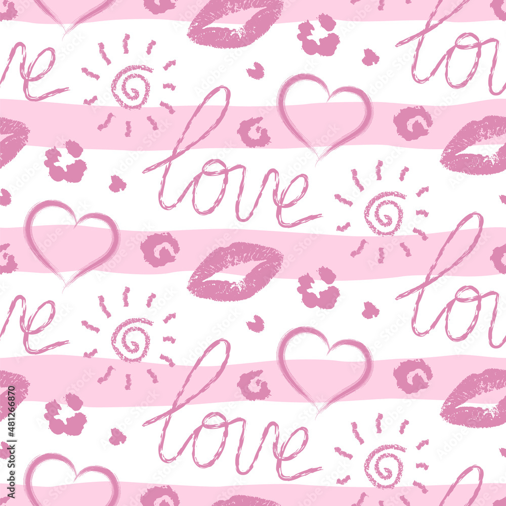 Vector seamless pattern. Written red lipstick printing. Repeating lettering, heart, lips prints. Repeated background. Beauty backdrop. Design with symbols love for printed. Texture romantic concept Vector seamless pattern. Written red lipstick printing. Repeating lettering, heart, lips prints. Repeated background. Beauty backdrop. Design with symbols love for printed. Texture romantic concept