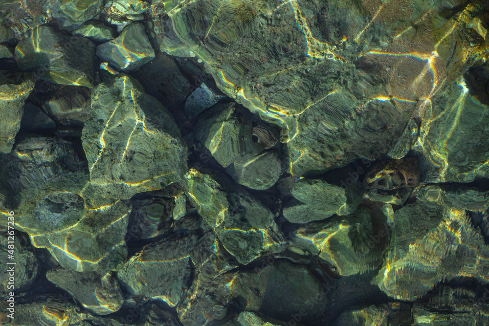 Sea rocky bottom under weedy water. Muddy lake surface rippled with sun ray reflections. Sea rocky bottom under weedy water. Muddy lake surface rippled with sun ray reflections.